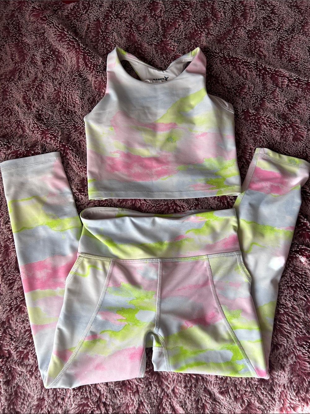 Old Navy Pastel Tie-Dye Leggings & Crop Top Set - Pink, Lime & White